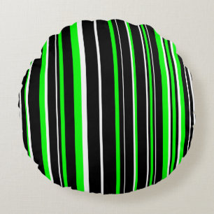 Schwarz, Limettengrün und Weiß Barcode-Streifen Rundes Kissen