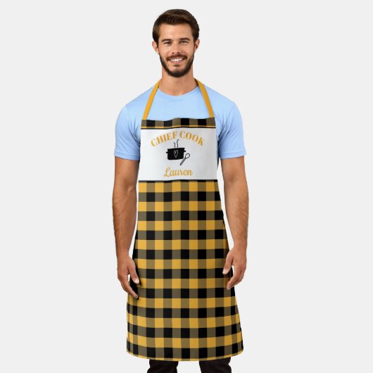Schwarz-Mais Gelber Koch Buffalo Kariertes Muster Schürze (Getragen)