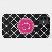 Schwarz-Marokkanisches Gittermuster Hot-Pink-Monog Case-Mate iPhone Hülle (Rückseite (Horizontal))