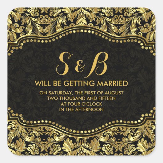 Schwarz-Metall-Gold-Floral-Damaskus 2 Muster Quadratischer Aufkleber (Vorderseite)