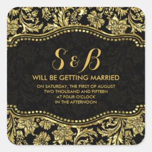 Schwarz-Metall-Gold-Floral-Damaskus 3 Muster Quadratischer Aufkleber