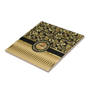 Schwarz & Metallic Gold Blumen Damast & Streifen Fliese