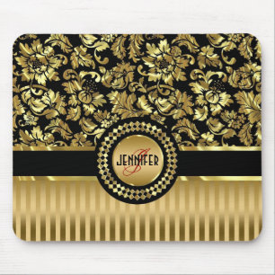 Schwarz & Metallic Gold Blumen Damast & Streifen Mousepad