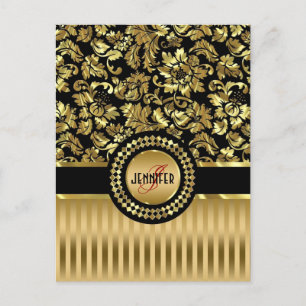 Schwarz & Metallic Gold Blumen-Damast & Streifen Postkarte