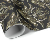 Schwarz & Metallic Silver & Gold Floral Paisley Geschenkpapier (Rolleneckpunkt)