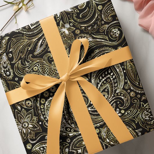 Schwarz & Metallic Silver & Gold Floral Paisley Geschenkpapier