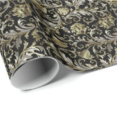Schwarz & Metallisches Gold Silver Floral Damaskus Geschenkpapier (Rolleneckpunkt)
