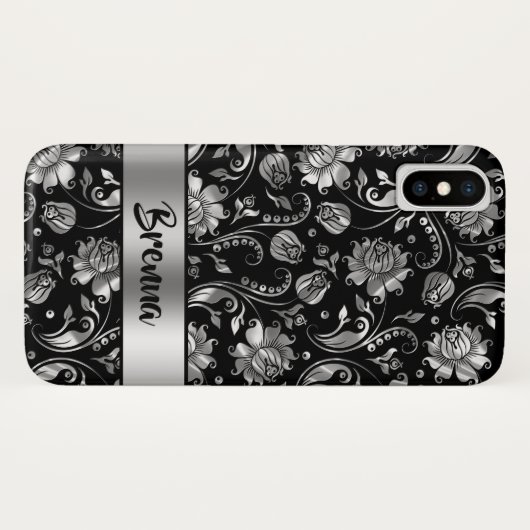 Schwarz-Metallisches Silbergrau-Damaskusmuster Case-Mate iPhone Hülle (Rückseite (Horizontal))