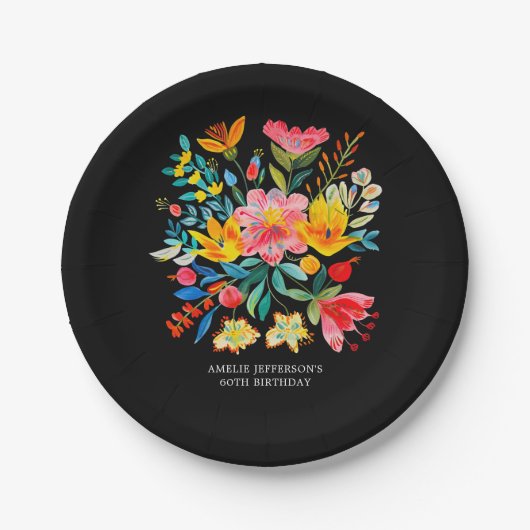 Schwarz-Mexikanisches Bright Floral Fiesta Papierp Pappteller (Vorderseite)