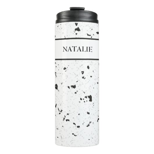 Schwarz & Mikrograu Marmor Terrazzo Muster 12oz Thermosbecher (Vorderseite)