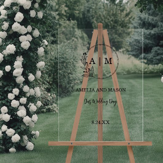 Schwarz-Minimal-Floral-Monogramm-Hochzeit Akryllis Acrylschild