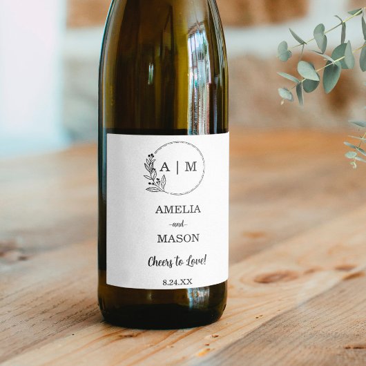 Schwarz-Minimal-Floral-Monogramm-Hochzeit Weinetikett