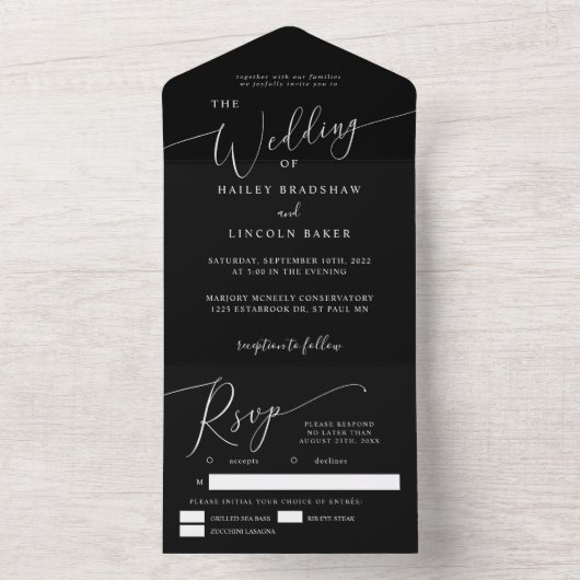 Schwarz-Minimal-Hochzeit Elegantes Skript All In One Einladung (Innen Boden)