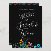 Schwarz-Minimalistisch-Flora-Hochzeitsempfang mit Einladung (Vorne/Hinten)