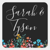 Schwarz-Minimalistisch-Flora-Hochzeitsempfang mit Quadratischer Aufkleber (Vorderseite)