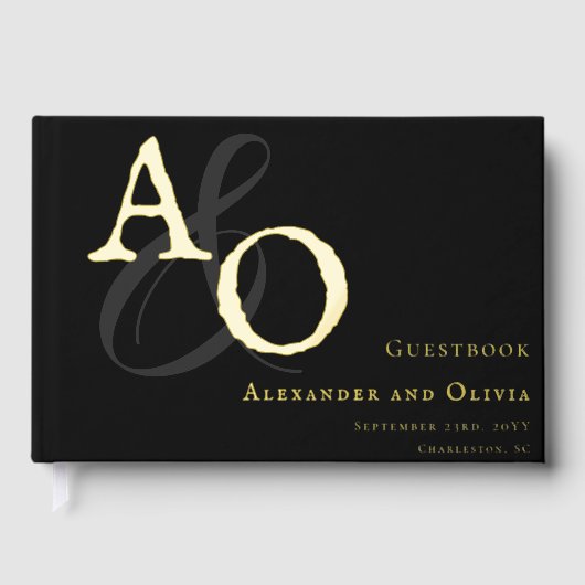 Schwarz-Minimalistisch-Monogramm-Hochzeit Gästebuch (Vorderseite)