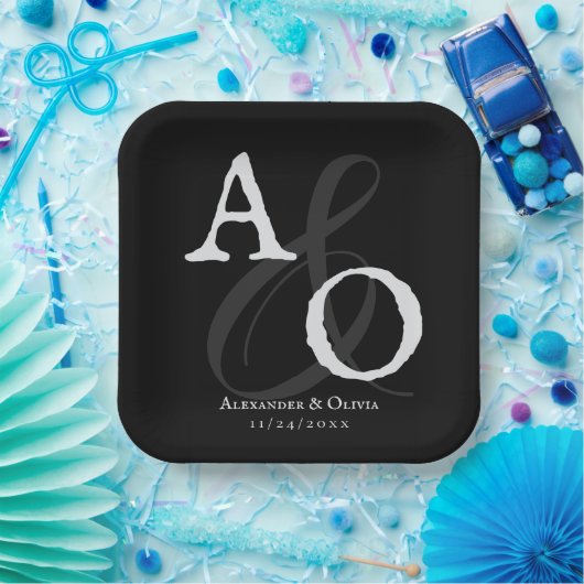 Schwarz-Minimalistisch-Monogramm-Hochzeit Pappteller (Party)