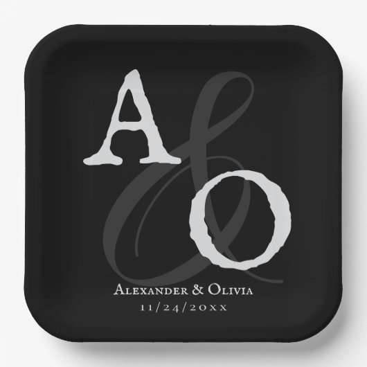 Schwarz-Minimalistisch-Monogramm-Hochzeit Pappteller (Vorderseite)