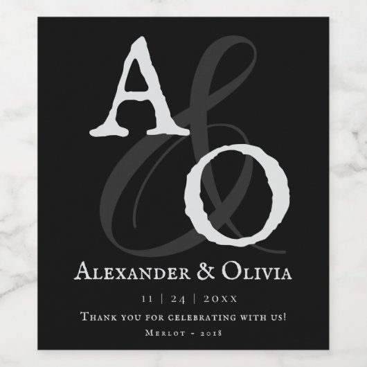 Schwarz-Minimalistisch-Monogramm-Hochzeit Weinetikett (Einzelnes Label)