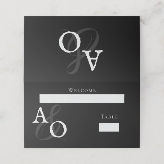 Schwarz-Minimalistisch-Monogramm-Hochzeitsempfang Platzkarte (Außenseite Aufgefaltet)