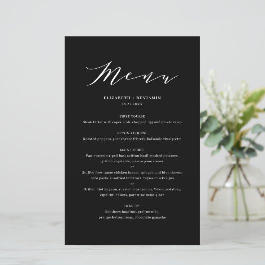 Schwarz-Minimalistische Dainty-Script-Hochzeitkart (Stehend Vorderseite)