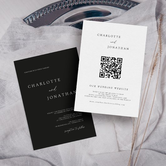 Schwarz-Minimalistischer moderner QR-Code Hochzeit Einladung