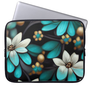 SCHWARZ MIT AQUA & WHITE DELIKATE BLUME LAPTOPSCHUTZHÜLLE