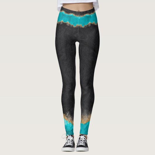 Schwarz mit Aquamarinen und goldenen Farben Leggings (Vorderseite)