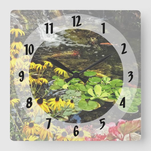 Schwarz-Mit Augen Susans von Koi Pond Quadratische Wanduhr (Vorderseite)