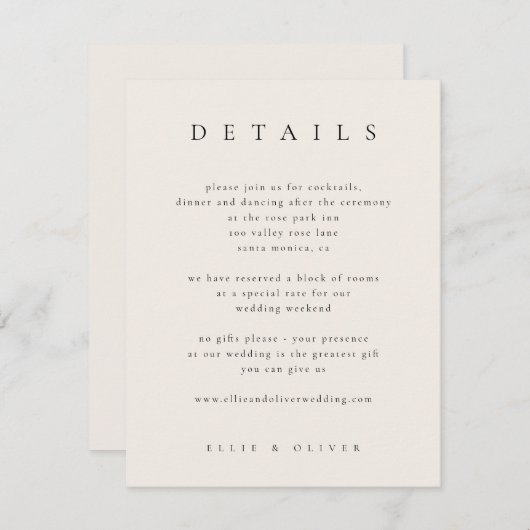 Schwarz mit Beige Elegante Details Hochzeit modern Begleitkarte (Vorne/Hinten)