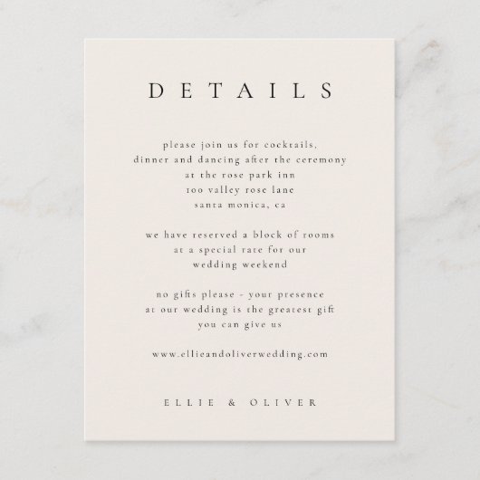 Schwarz mit Beige Elegante Details Hochzeit modern Begleitkarte (Vorderseite)