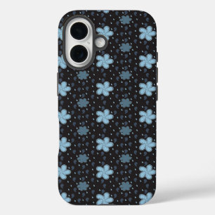 Schwarz mit blauen Paisley-Blumen iPhone 16 Hülle