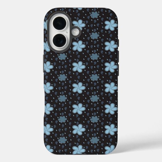 Schwarz mit blauen Paisley-Blumen iPhone 16 Hülle (Rückseite)