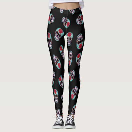 Schwarz mit Blauer Schädelknochen Leggings (Vorderseite)