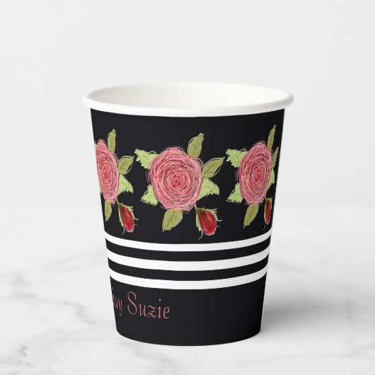 Schwarz mit Blumen Pappbecher (Rückseite)