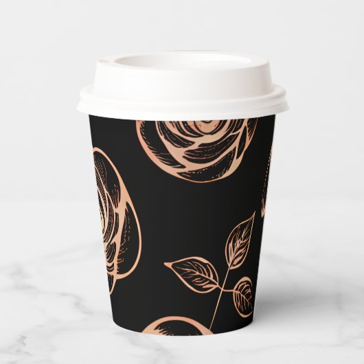 Schwarz mit Bronze Rose Muster Pappbecher (Rückseite)