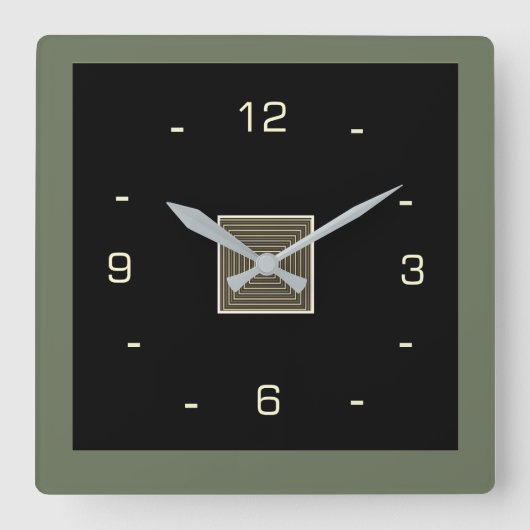 Schwarz mit Cremzahlen und Olive Border Squar Quadratische Wanduhr (Vorderseite)