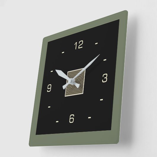 Schwarz mit Cremzahlen und Olive Border Squar Quadratische Wanduhr (Winkel)