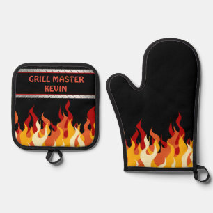 Schwarz mit Flammen-Grill-Master Ofenhandschuh & Topflappen-Set