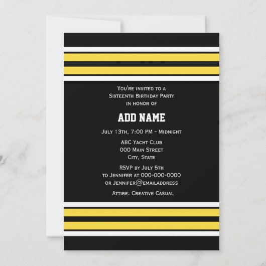 Schwarz mit gelben weißen Streifen Team Jersey Einladung (Rückseite)