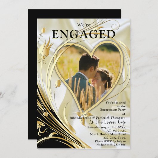 Schwarz mit Gold auf Champagner-Seide-Verlobung Einladung (Vorne/Hinten)