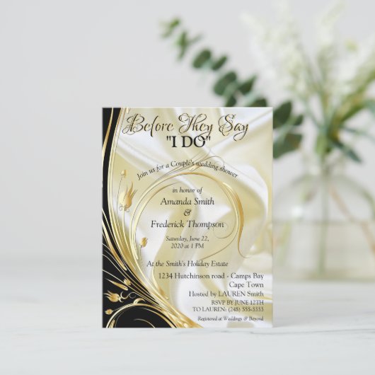 Schwarz mit Gold auf Champagner Seidendusche Einladung (Stehend Vorderseite)