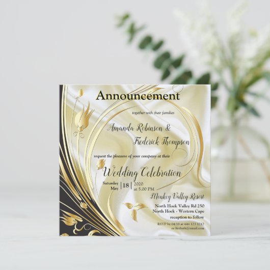 Schwarz mit Gold auf Champagner Silk Ankündigung (Stehend Vorderseite)