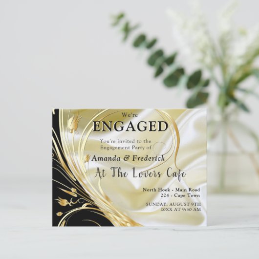 Schwarz mit Gold auf Champagnerseide Einladungspostkarte (Stehend Vorderseite)