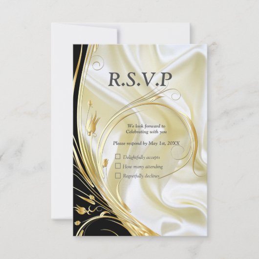 Schwarz mit Gold auf Champagnerseide RSVP Karte (Vorderseite)