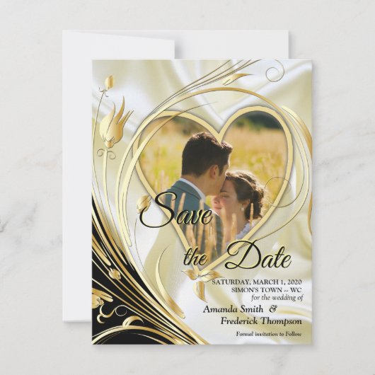 Schwarz mit Gold auf Champagnerseide Save the Date Ankündigung (Vorderseite)