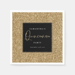 Schwarz mit Gold Glitzer Name Quinceañera Party Serviette