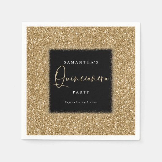 Schwarz mit Gold Glitzer Name Quinceañera Party Serviette (Vorderseite)