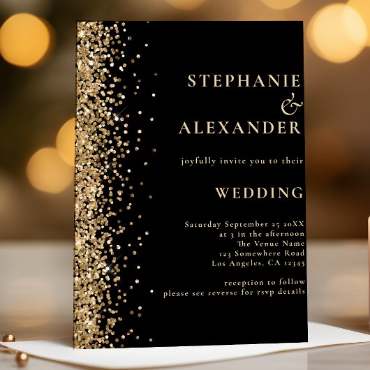 Schwarz mit Gold Glitzer QR Code Hochzeit Einladung