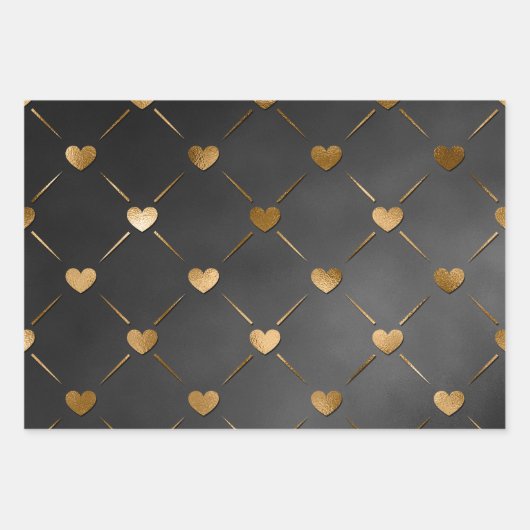 Schwarz mit Gold Herz Valentins Geschenkpapier Set (Vorderseite 3)